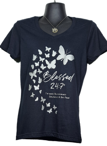 Blessed 24:7®️ Butterfly Ladies V-Neck Tee FREE SHIPPING