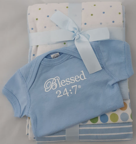 Blessed 24:7 Baby Onesie & Receiving Blanket Blue Set FREE SHIPPING