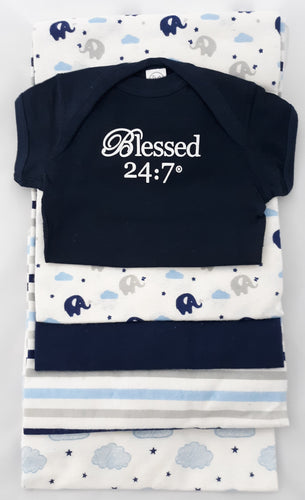 Blessed 24:7 Baby Onesie & Receiving Blankets Navy Set FREE SHIPPING