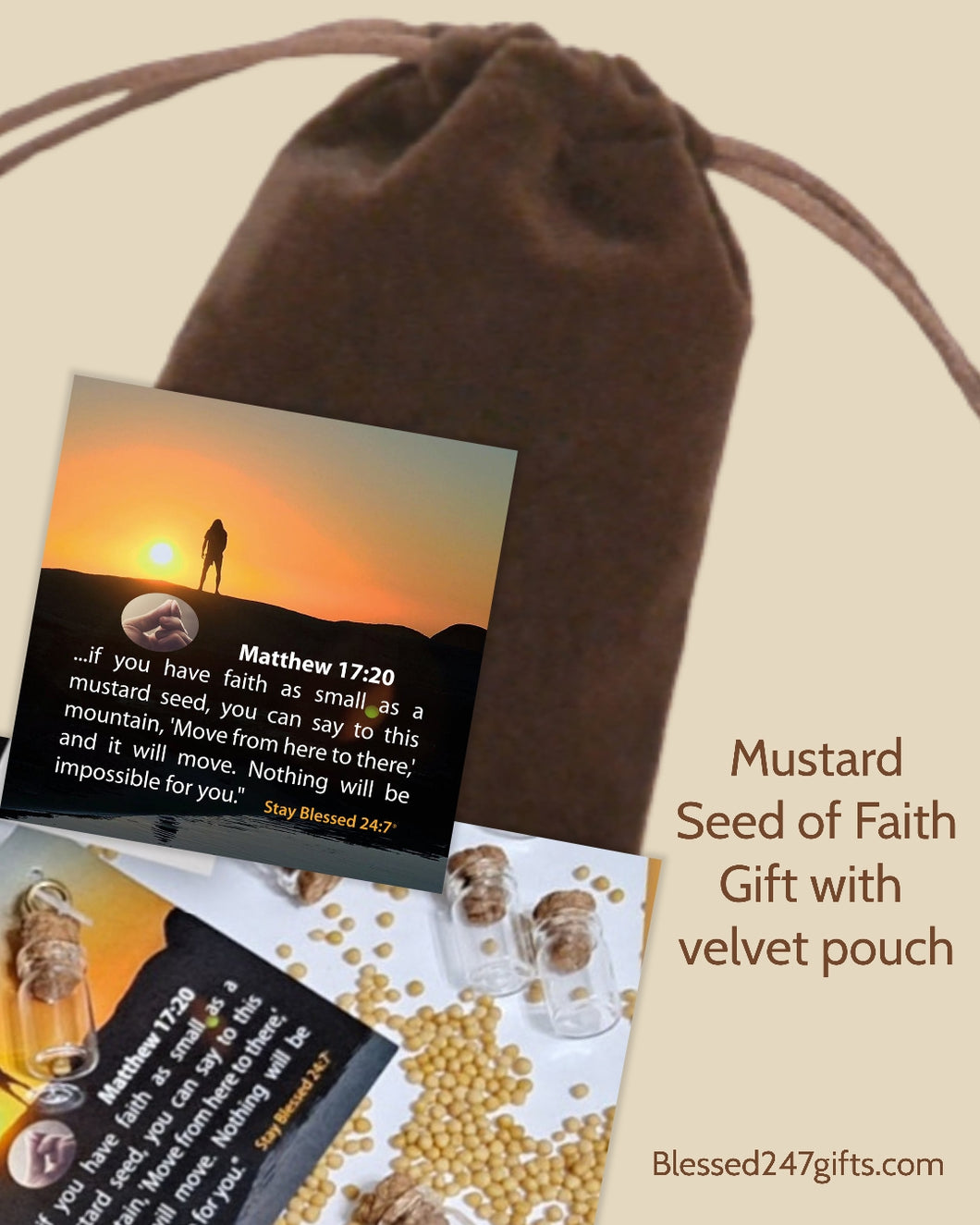 Mustard Seed of Faith Gift (Sold in Sets of 5) w/ Brown Velvet Pouch FREE SHIPPING