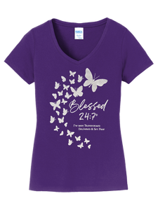 Blessed 24:7®️ Butterfly Ladies V-Neck Tee PURPLE FREE SHIPPING