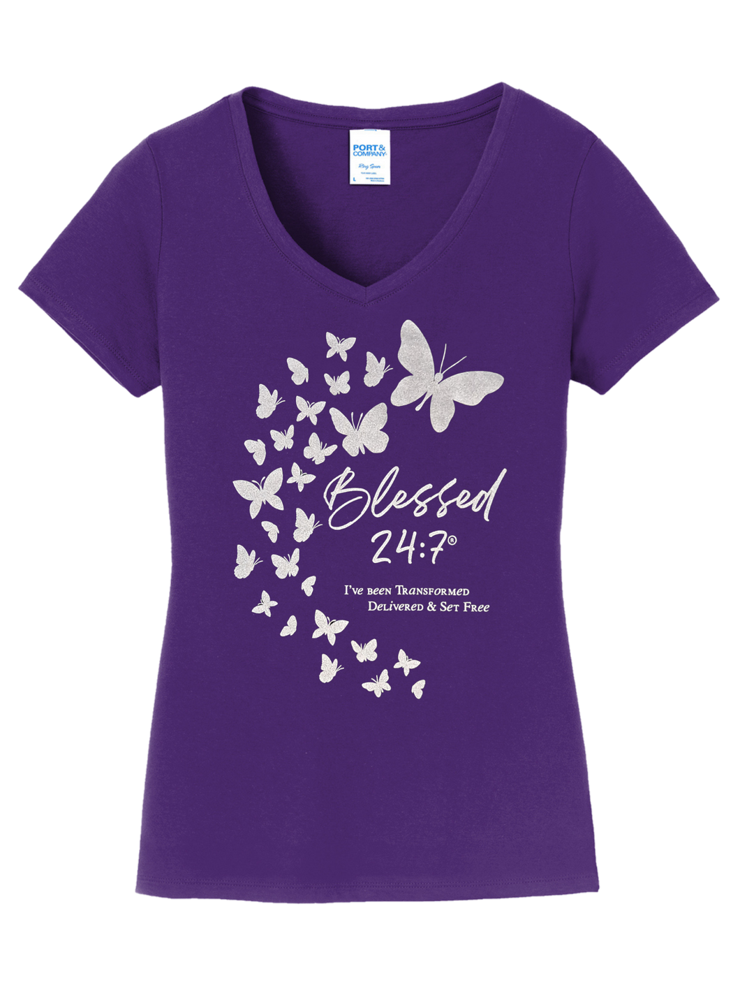 Blessed 24:7®️ Butterfly Ladies V-Neck Tee PURPLE FREE SHIPPING