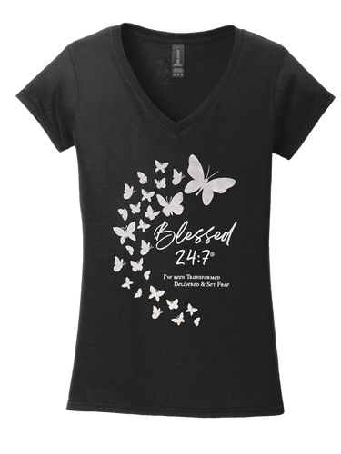 Blessed 24:7®️ Butterfly Ladies V-Neck Tee BLACK FREE SHIPPING