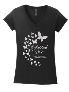Blessed 24:7®️ Butterfly Ladies V-Neck Tee BLACK FREE SHIPPING