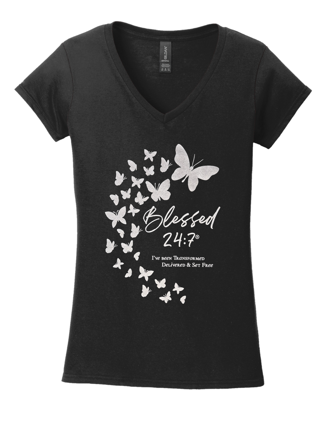 Blessed 24:7®️ Butterfly Ladies V-Neck Tee BLACK FREE SHIPPING