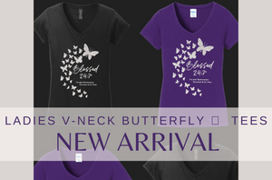 Blessed 24:7®️ Butterfly Ladies V-Neck Tee BLACK FREE SHIPPING