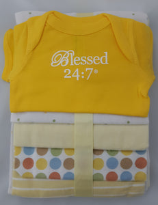 Blessed 24:7 Baby Onesie & Receiving Blankets Yellow Set FREE SHIPPING