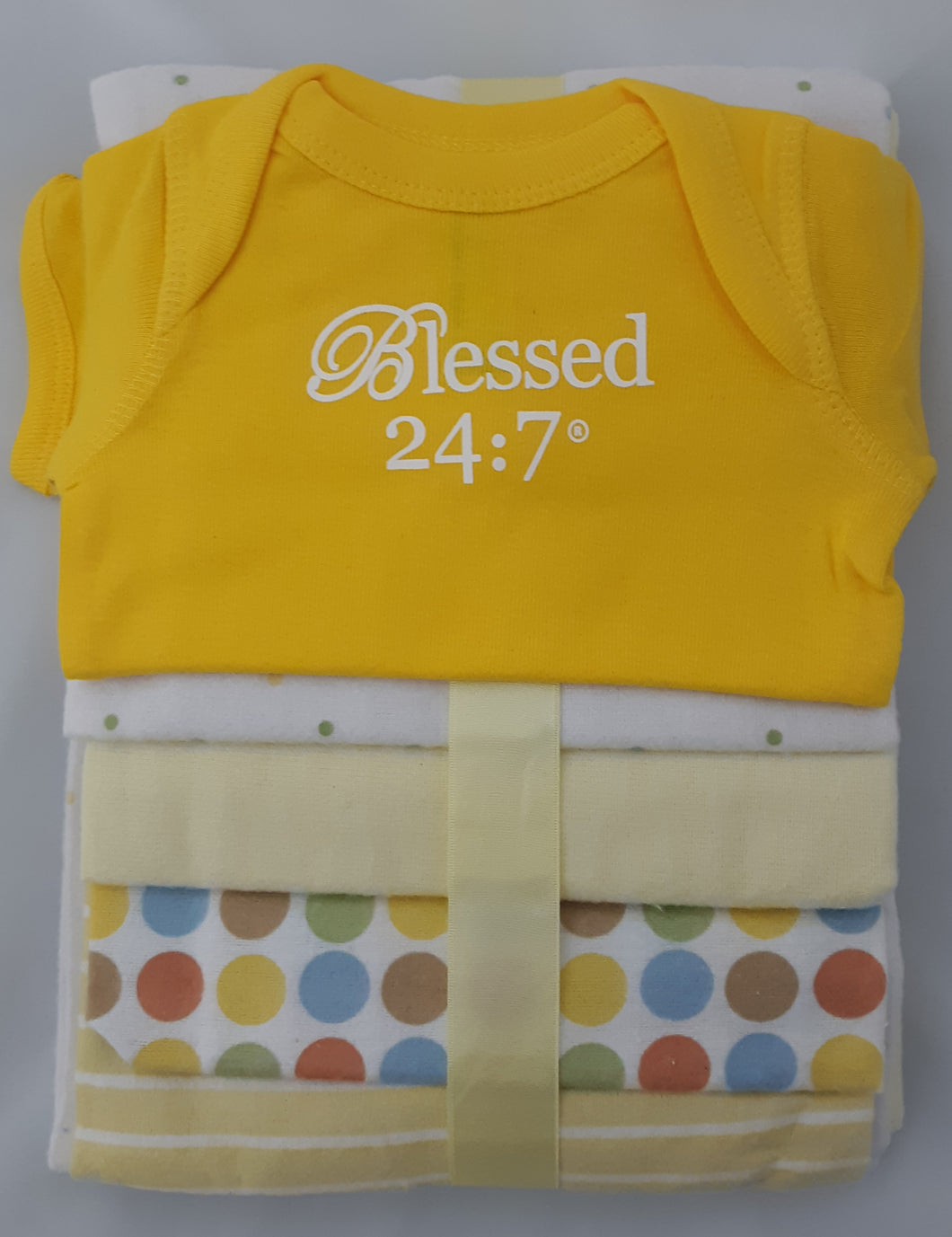 Blessed 24:7 Baby Onesie & Receiving Blankets Yellow Set FREE SHIPPING