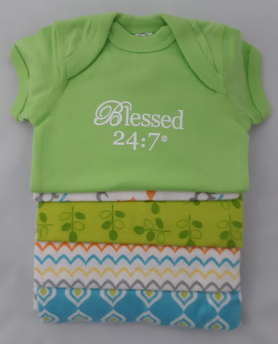 Blessed 24:7 Baby Onesie & Receiving Blankets Green Set FREE SHIPPING