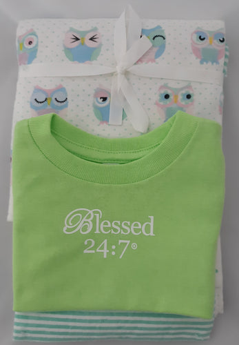Blessed 24:7 Baby Onesie & Receiving Blankets Green Set FREE SHIPPING