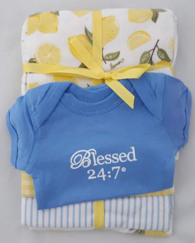 Blessed 24:7 Baby Onesie & Receiving Blankets Blue Set FREE SHIPPING