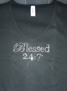 CLOSEOUT BLING Blessed 24:7 Rhinestone Ladies Tees FREE SHIPPING