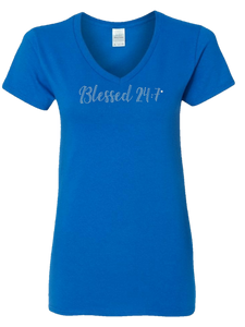 Bling Rhinestone Blessed 24:7 (Ladies V-Neck) Tees FREE SHIPPING