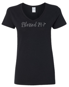 Bling Rhinestone Blessed 24:7 (Ladies V-Neck) Tees FREE SHIPPING