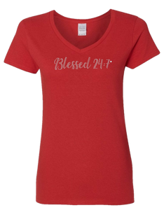 Bling Rhinestone Blessed 24:7 (Ladies V-Neck) Tees FREE SHIPPING