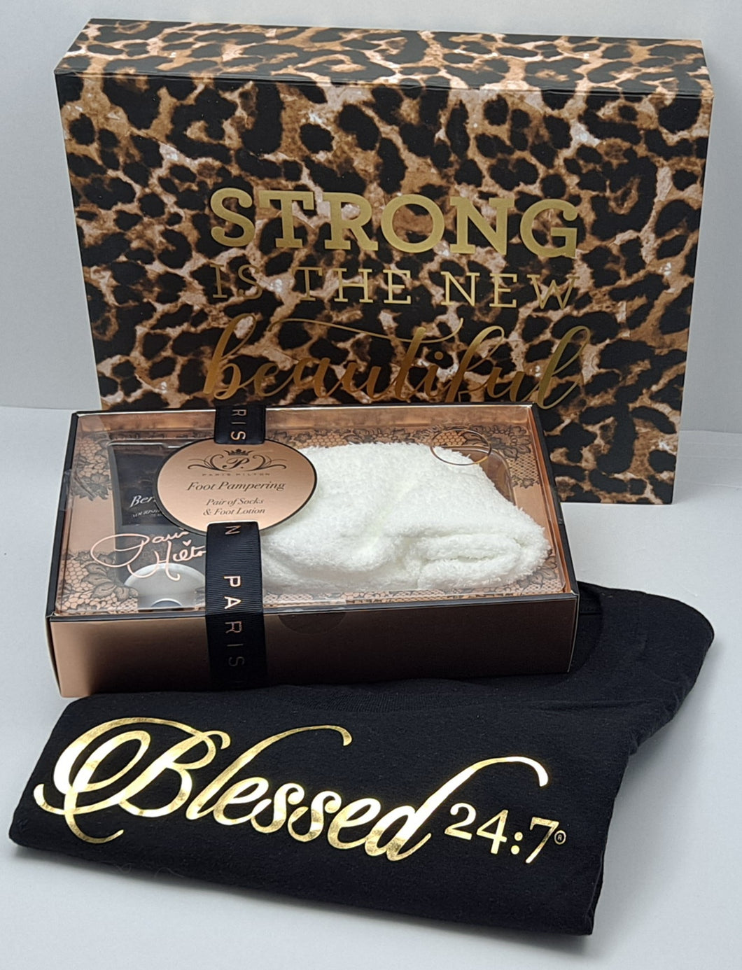 Ladies Pamper Foot Care with Blessed 24:7 Bling V-neck Ladies Tee & Leopard Gift Box FREE SHIPPING