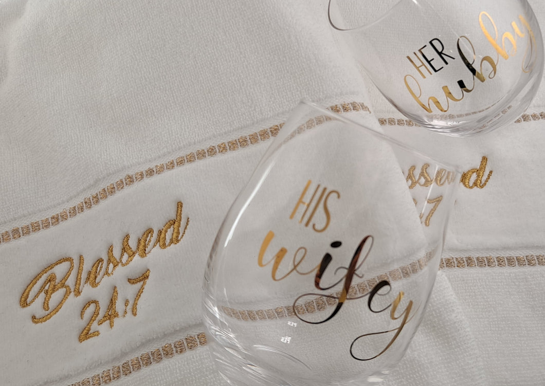 Blessed 24:7 Wedding Gift Set (White Towel Set) with Wine Glasses FREE SHIPPING