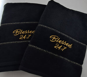 Blessed 24:7 Wedding Gift Set (Black Towel Set) with Wine Glasses FREE SHIPPING