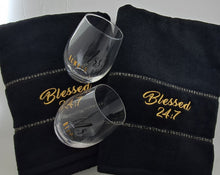 Load image into Gallery viewer, Blessed 24:7 Wedding Gift Set (Black Towel Set) with Wine Glasses FREE SHIPPING