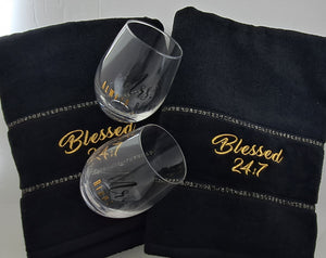 Blessed 24:7 Wedding Gift Set (Black Towel Set) with Wine Glasses FREE SHIPPING