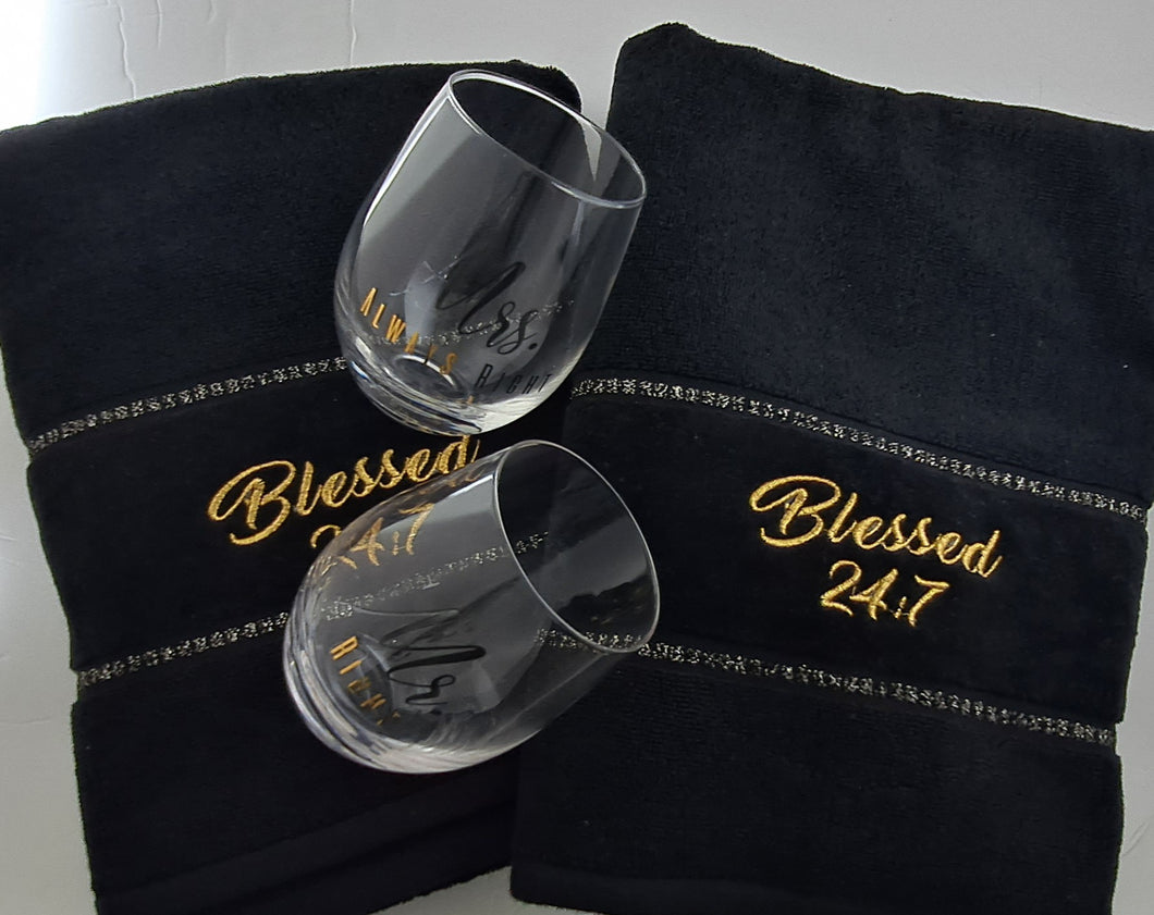 Blessed 24:7 Wedding Gift Set (Black Towel Set) with Wine Glasses FREE SHIPPING