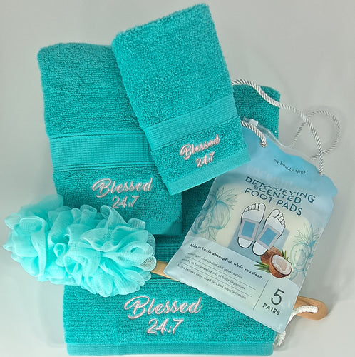 Blessed 24:7 Pamper Day Teal Towel Gift Set with Detoxifying Foot Pads FREE SHIPPING