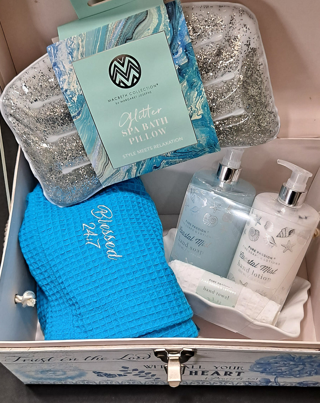 GIFT BOX SET Self Care Ladies Teal Blue Waffle Weave Spa Wrap