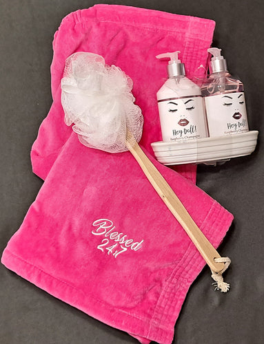 Blessed 24:7 Ladies Self Care Spa Dark Pink Velour Spa Wrap (Hello Doll) Gift Set plus more... FREE SHIPPING