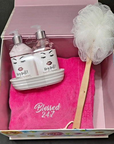 GIFT BOX SET Ladies Self Care Spa Dark Pink Velour Spa Wrap (Hello Doll) Gift Set plus more.