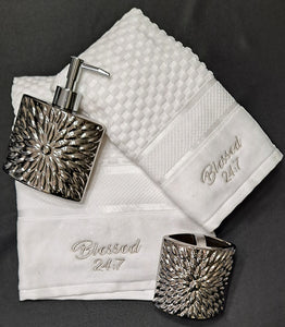 Blessed 24:7 Powder Room Gift Set (housewarming gift) White/Silver Towel Set FREE SHIPPING