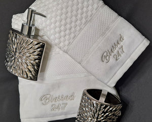 Blessed 24:7 Powder Room Gift Set (housewarming gift) White/Silver Towel Set FREE SHIPPING