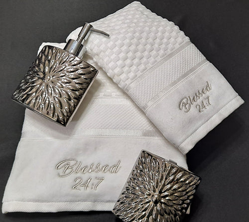 Blessed 24:7 Powder Room Gift Set (housewarming gift) White/Silver Towel Set FREE SHIPPING