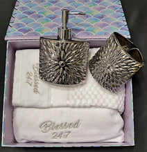 Load image into Gallery viewer, GIFT BOX SET Powder Room Gift Set (housewarming gift) White/Silver Towel Set