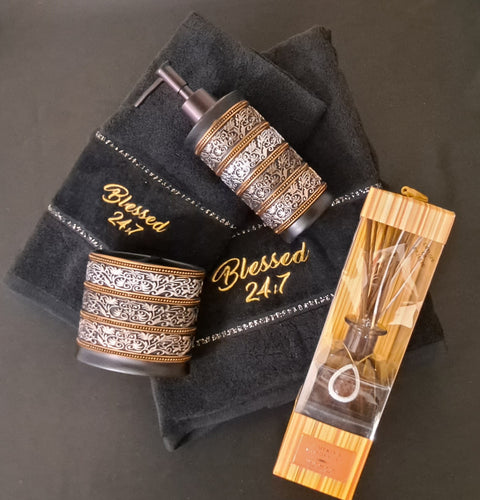 Blessed 24:7 Bathroom (housewarming) Black & Gold Towel Gift Set FREE SHIPPING