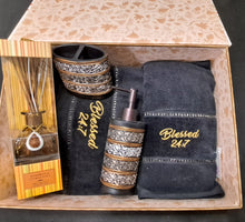 Load image into Gallery viewer, GIFT BOX SET Blessed 24:7 Bathroom (housewarming) Black &amp; Gold Towel Gift Set