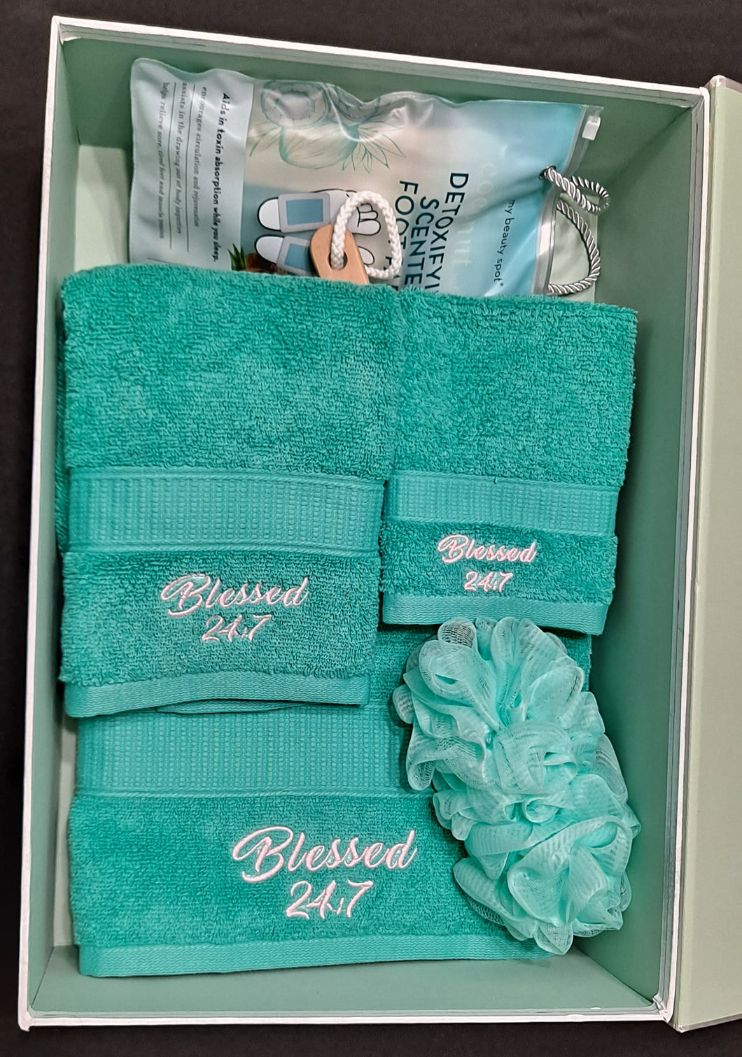GIFT BOX SET Blessed 24:7 Pamper Day Teal Towel Gift Set with Detoxifying Foot Pads