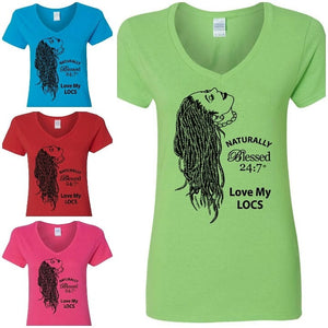 Blessed 24:7 (Love My LOCS) Ladies V-Neck T-shirts FREE SHIPPING