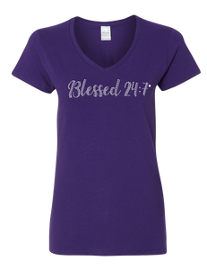 Bling Rhinestone Blessed 24:7 (Ladies V-Neck) Tees FREE SHIPPING