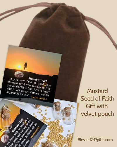 Mustard Seed of Faith Gift (Sold in Sets of 5) w/ Brown Velvet Pouch FREE SHIPPING